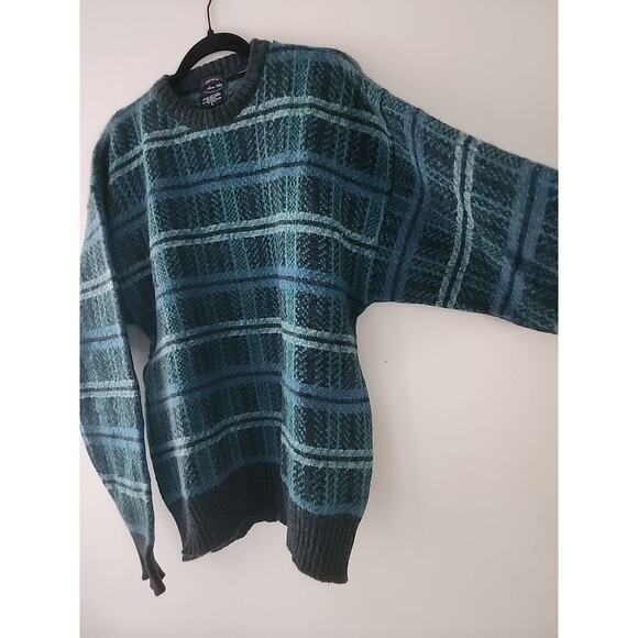 SOLD Allen Solly Blue Green Plaid Wool Mohair Vintage Sweater Large - Picture 4 of 7